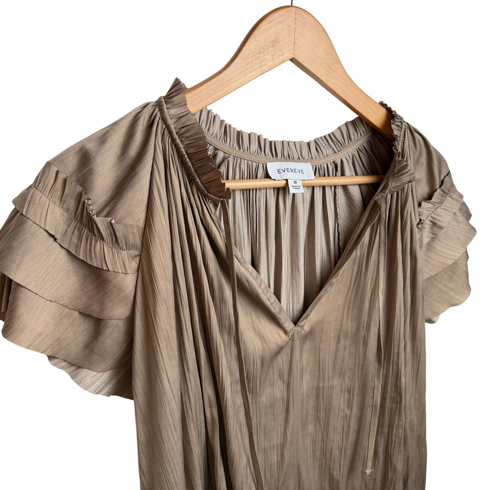 Evereve Pleated Ruffle Sleeve Blouse M Taupe Satin Tie Neck Top Work Travel Chic - Picture 4 of 11